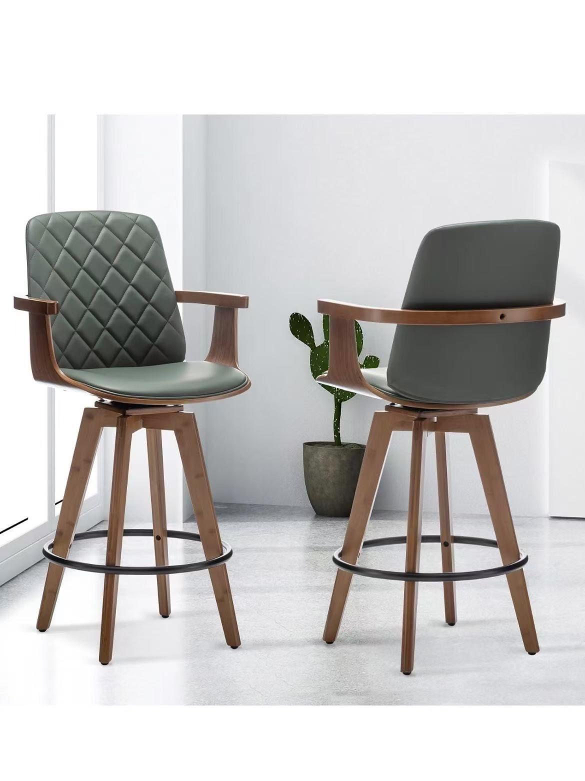 Bar Stools Set of 2, Upholstered Faux Leather Counter Height Bar Stools, Swivel Barstools with Wooden Arms and Legs (Green, 30" Seat Height)