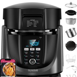 Nuwave Duet Electric Pressure Cooker & Air Fryer Combo, 450 IN 1 Slow Cooker & Grill with Integrated Digital Temp Probe, 6qt SS Pot, Adjustable High/L