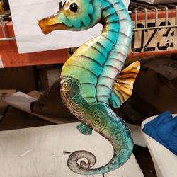BRWH-B07CVQJ5YY_Metal & Capiz Home Décor Sculpture, Rustic Seahorse on Stand 7x18 - Metal & Capiz Art, Small Statue, Nautical Décor, Coastal Home Deco