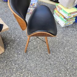 3 Retro Chairs Black Seat And Wooden Legs