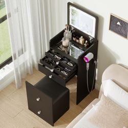 Vanity With Flip Top Mirror & Outlets & Soft Stool