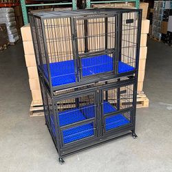 (Brand New) $370 Stacking Dog Cage (Set of 2) Heavy Duty 41x31x65” Crate Kennel w/ Plastic Tray, Wheels