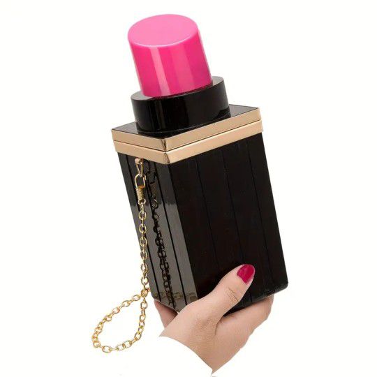 Black pink Lipstick shape party clutch crossbody bag purse handbag gift

