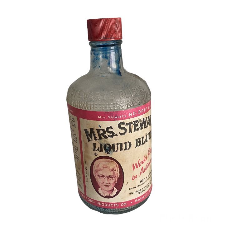 Vintage 1957 Mrs. Stewart's Liquid Bluing Bottle 4oz Label Wood & Cork Stopper