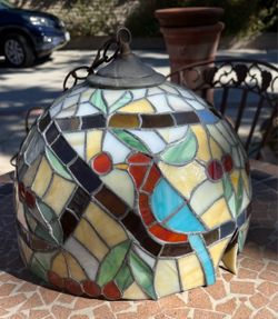 Vintage Stained Glass Hanging Lamp. Needs Repair. 14” x 11”