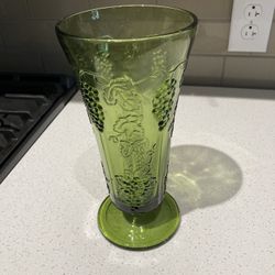 Vintage Green Pressed Glass Pedestal Vase Anchor Hocking Grape design 1960