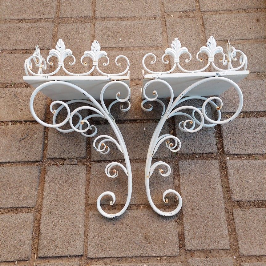 Pair of Metal floral outdoor plant wall shelves - white vintage decorative with fleur de lis
