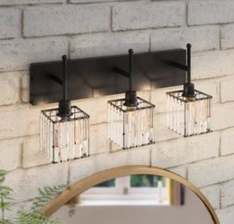 Brand new 18.4 in. 3-Light Modern Satin Black Bathroom Vanity Light with Cube Crystal Shades