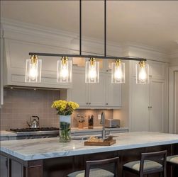 3892: New Island Light for Kitchen, Black and Gold Dining Room Light Fixture Over Table, 5-Light Linear Chandelier Pendant Lighting