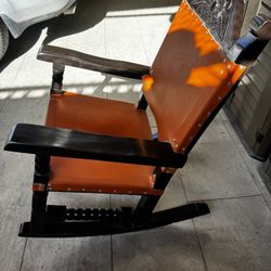 Solid wood rocking chair, handcrafted, rustic, hacienda style, leather seat, heavy real wood, excellent condition