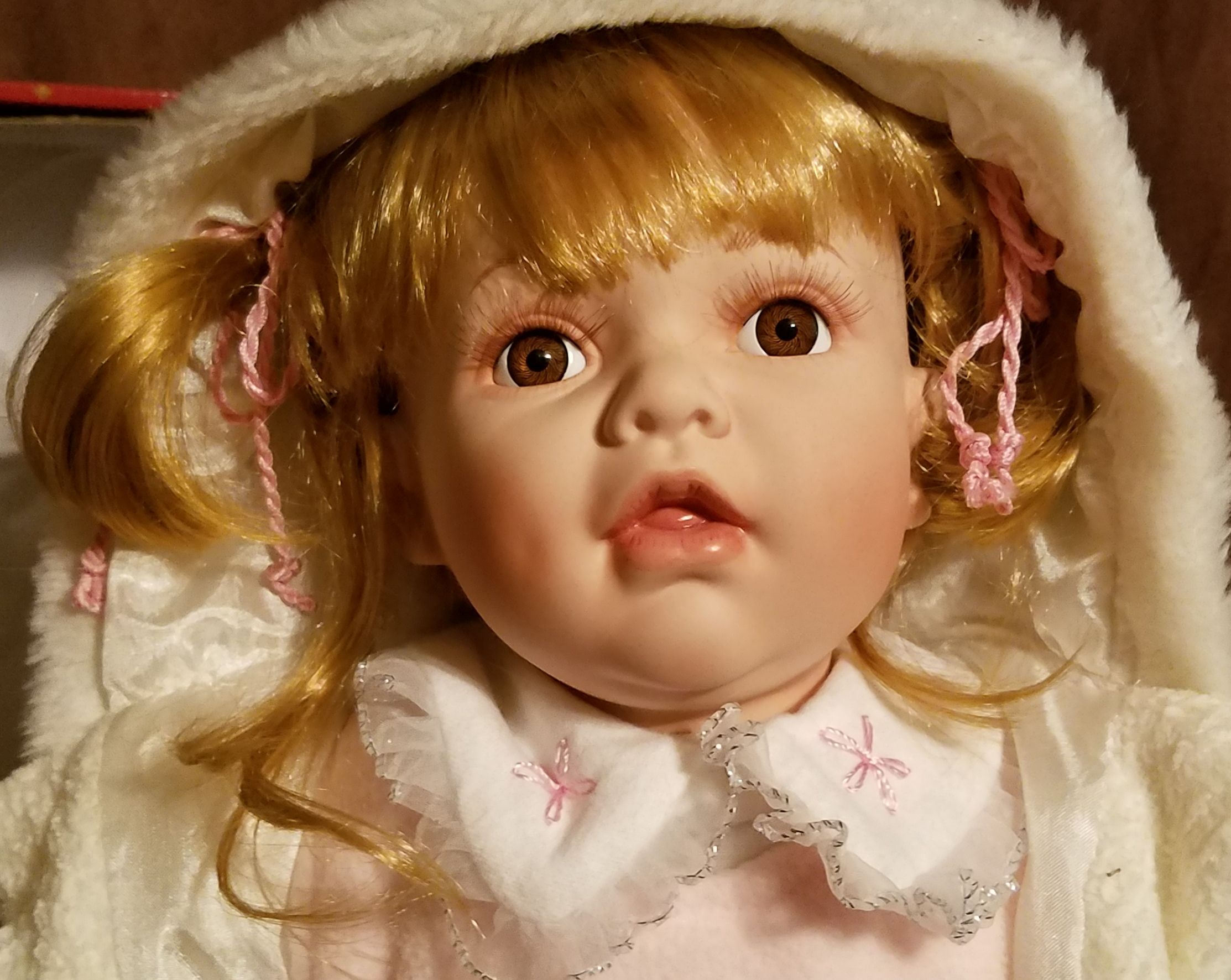 22" Tall Swan Collection Porcelain Doll Amber blonde hair brown eyes with stand for Sale in