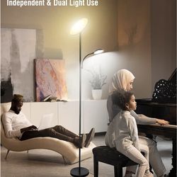 LED Floor Lamp 27W/2000LM Main Light and 7W/350LM Side Reading Lamp, Remote & Touch Control