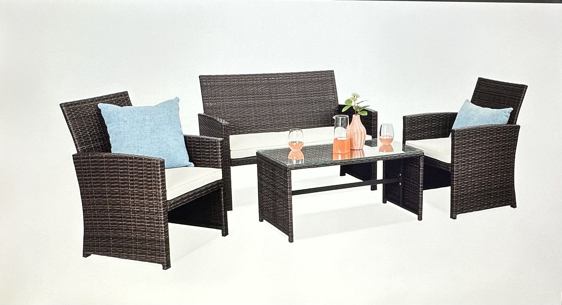 4- Piece Outdoor Wicker Conversation Patio Set w/4 Seats, Glass Table Top