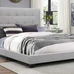 Twin Bed, Twin Platform Bed, No Mattress, Upholstered Gray