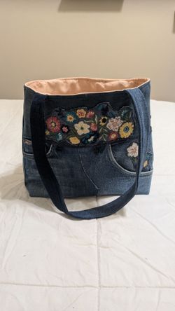 Upcycled handmade denim handbag with appliques