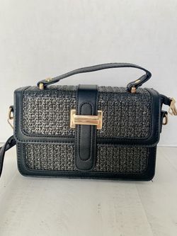 Black Faux Leather and Straw with Gold Hardware Crossbody Purse Bag 