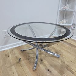 Tempered Glass Coffee Table Round Metal Legs Black Ring Top