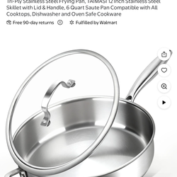 Taimasi 12 Inch Stainless Steel Skillet Saute Pan with Lid