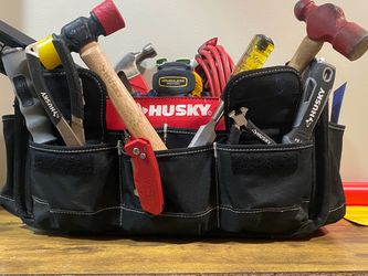 Mix of new and lightly used Husky Open-Top Tool Bag with Tools w/  dewalt 20 v max XR brushless impact drill battery and charger included