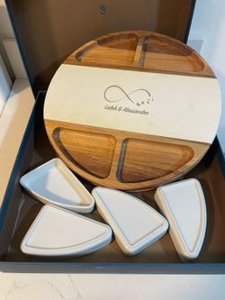 Shanik Premium Wooden Serving Tray Set with Ceramic Dishes – New in Box