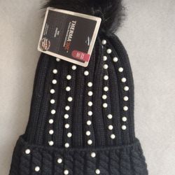 Women's Black/ Pearl Beanie Thermax Lined With Faux Fur Pom