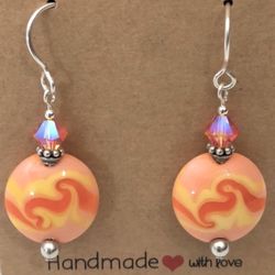 ARTISAN LAMPWORK EARRING - 925 STERLING SILVER DANGLE YELLOW ORANGE LENTIL BEADS