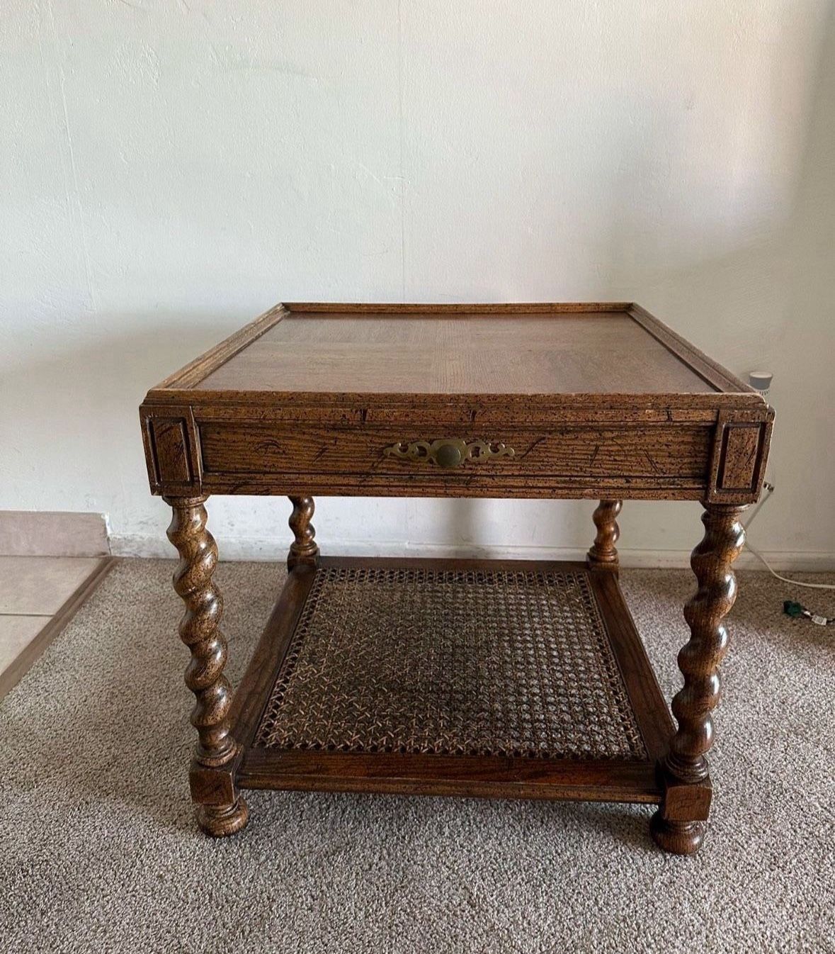 Vintage Baker Furniture Co. Barley Twist Side End Table Made w Cane Shelf