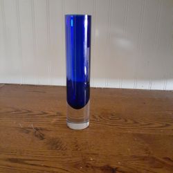 Cobalt Blue Bud Vase- Art Glass- Clear At the Bottom  Mid- Century Vintage  9" Tall