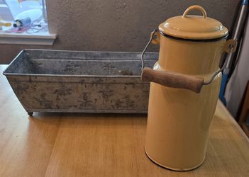 Home / Garden / Patio Decor - Yellow Enamel Canister and Galvanized Metal Planter Tray with Bees