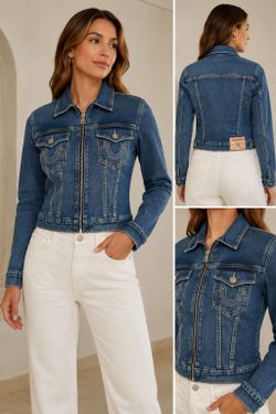 True Religion Womens Denim Trucker Jacket L NWT Zip Front