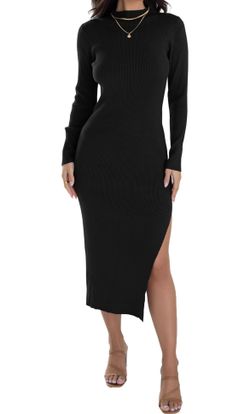ANRABESS Women's Long Sleeve Sweater Dress Turtleneck Slim Fit Ribbed Knit Slit Midi Dress
