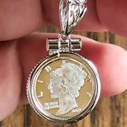 .999 Fine Silver 1g Murcury Dime W/ .925 Sterling Silver Stamped Bezel Unisex Jewelry 