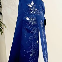 Royal Blue Satin A-line Dress Decorated with Lazer Cut and Flower Beads