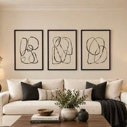 Set of Three 24"x36" (each) Black & White Abstract Canvas Wall Art