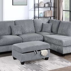 Light Gray Sofa Sectional w/ Storage Ottoman & USB Ports 