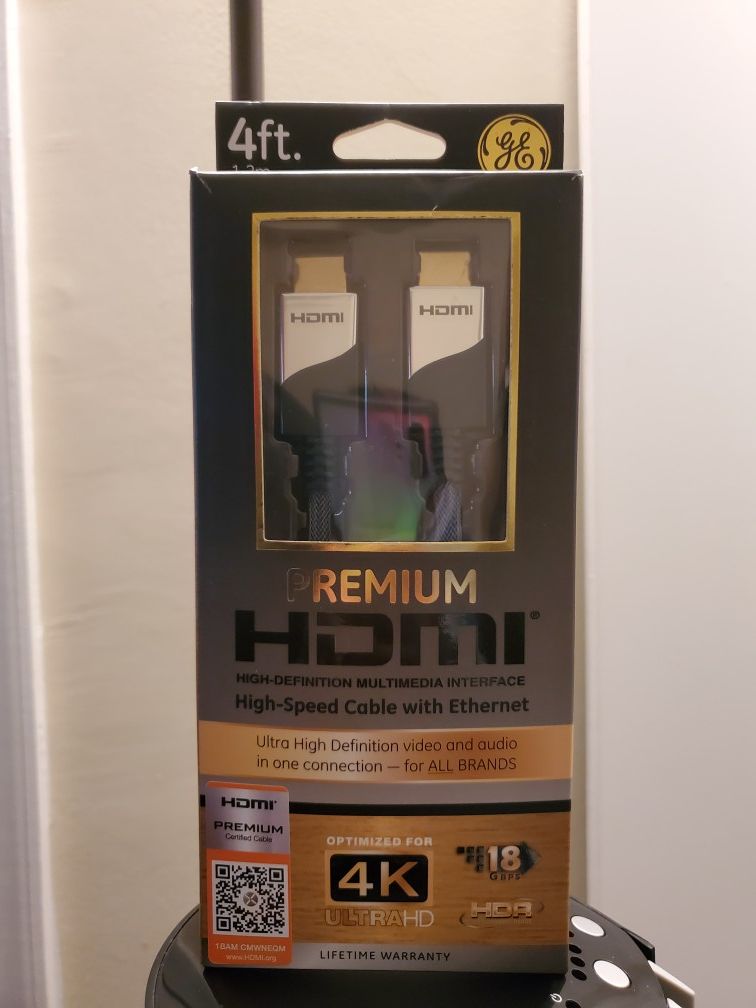 NEW! GE Premium HDMI Cable with Ethernet, 4 ft., 4K UltraHD 1080P