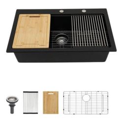 Lordear Drop-In 33 in.Single Bowl Matte Black Quartz Composite Workstation Kitchen Sink with Strainer