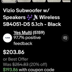 Vizio Subwoofer W Speakers Wireless SB4051