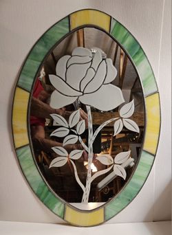 Large vintage floral design mirror framed in stained glass