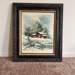 Wood Framed Winter Landscape Painting On Canvas