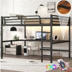 Brand New Queen Loft Bed With Desk USB Port Led Light Strip
