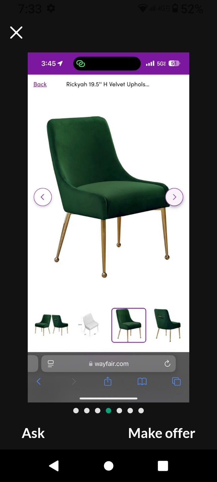 Two Pieces Brand New Dining Chair Set Accent Chair Wingback Chair Brand New Vanity Chair Two Pieces In The Box Green Velvet Chair Green Chair Gold Leg
