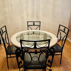 Marble & Glass Top Dining Table w/ 4 Iron Chairs