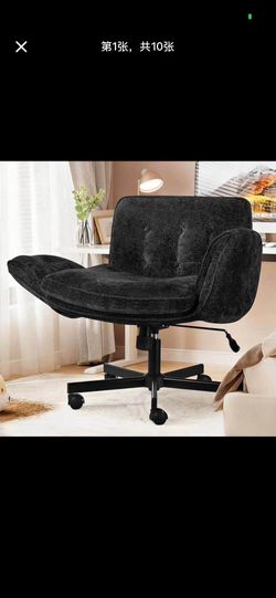 Criss Cross Chair with Wheels & Arms, Chenille Cross Legged Office Chair with 5-level Folding Armrest, Comfortable Adjustable Swivel Vanity Chair for 