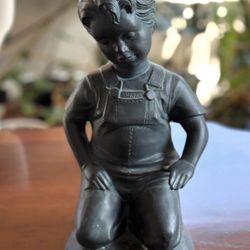 Ceramic Sculpture of a Young Boy in Overalls Kneeling, Handmade