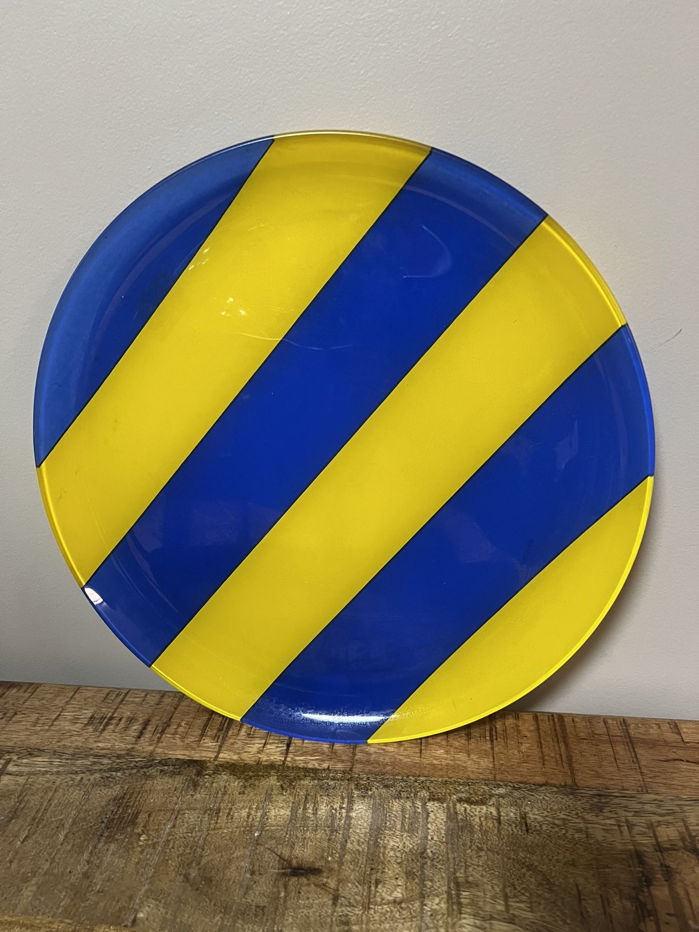 Vintage Dansk Glass Platter Blue and Yellow Striped 13 1/4"