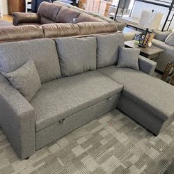 Grey Linen Sleeper Sofa With Reversible Storage Chaise 