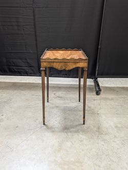 Vintage Brown Wood Side Table with Scalloped Tray Top
