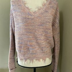 Cloud Chaser Multicolor Ribbed Knit Frayed Fringe V-Neck Sweater Juniors L