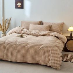 King Size Grid Duvet Cover 3 Pieces Pink Checkered Bedding Set   About this item  100% Washed Cotton Fabric: Made from 100% washed cotton, this duvet 
